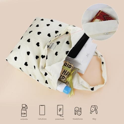 WisePoint Cute Tote Bag, Sparkling Lightweight Foldable Tote Bag with Inner Pocket, 20L Heart Print Soft Summer Beach Bag for Travel, Shopping (White) — view 6
