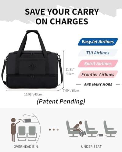 WANDF EasyJet Cabin Bag 45x36x20 - Underseat Travel Duffel with Shoe Compartment, USB Charging Port & Wet Pocket, Carry On Luggage for Overnight Weekend Gym for Women Men (Black) — view 2