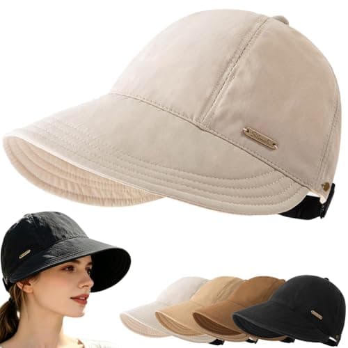 Trendy Wide Brim Sun Hat,UPF 50+ UV Protection Cap for Ponytails, Adjustable Packable Visor Cap for Hiking Golf (Beige)