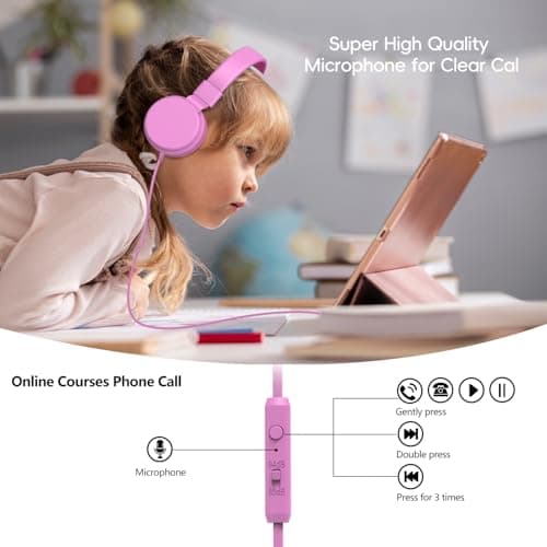 Kids Headphones Wired,On-Ear Wired Headphones for School,Safe Volume Limited 85/94dB,HD Mic Stereo Sound Girls Boys Wired Headphone for Kids,Foldable Headset for Travel Computer Plane Tablet (Pink) — view 4
