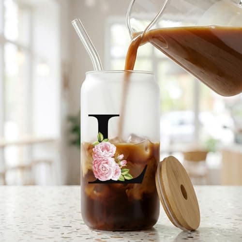 JEKUGOT A-Z Initial Personalised Birthday Gifts for Women, 16oz Iced Coffee Glass Cups with Lids and Straws, Glass Coffee Cup Gift Set for Mothers, Friends, Women, Men, Iced Coffees Cup Gift (L) — view 6