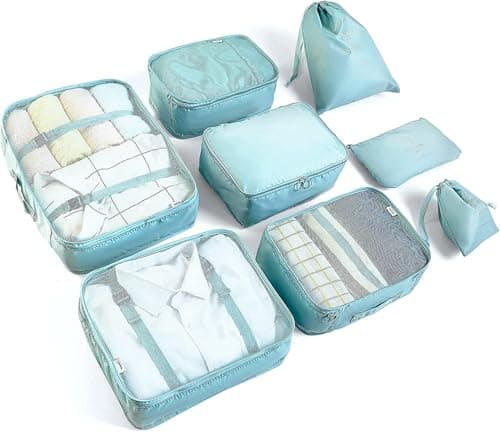 LANSKLBD 6/8 Set Packing Cubes for Suitcases Travel Luggage Packing Organizers,Travel Accessories Essentials Luggage Organizer with Shoe/Tioletry/Laundry Bag (Light Blue, 8 set)