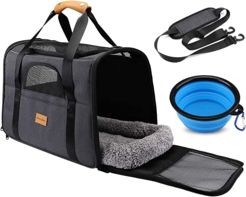 Morpilot Cat Carrier - Airline Approved, Top Opening Portable Dog Bag with Breathable Mesh/Removable Mat, Adjustable Shoulder Strap & Bowl, Foldable Travel Cage, M, Grey (Max 7kg)