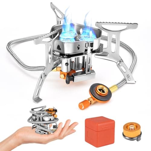 Camping Gas Stove, 6800W Portable Windproof Camping Stove with Piezo Ignition & Storage Box, Foldable Backpacking Stove,Butane Gas Burner Furnace for Outdoor Cooking Hiking Fishing Trekking Picnic BBQ