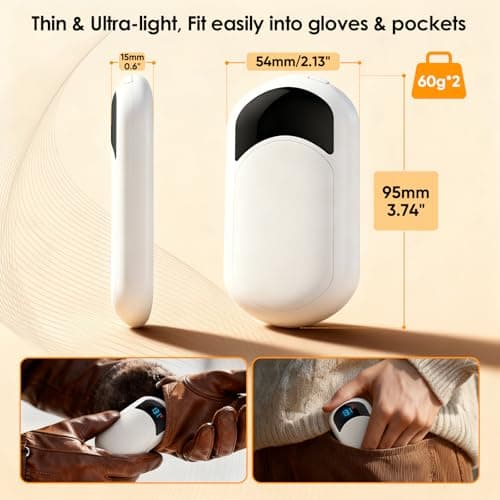 Hand Warmers 2-Pack, 2 * 3200mAh Rechargeable Hand Warmers, 3 Heat Settings, Up to 13Hrs, Ultra Thin Portable for Pocket Gloves Outdoor Sports, Winter Essentials for Men,Women. (White) — view 3