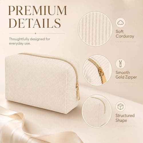Corduroy Makeup Bag with Gold Metal Zipper & Textured Ribbed Exterior - Cosmetic Pouch for Women Travel Skincare Organisation Essentials, Compact Box Design (Beige) — view 5