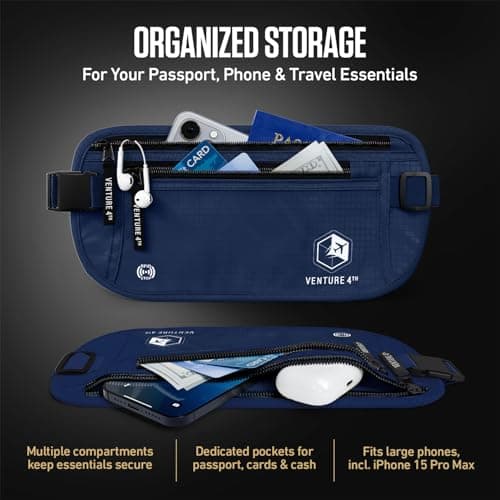 Venture 4TH Travel Money Belt - Slim Passport Holder RFID Blocking Travel Pouch to Protect Cash, Credit Cards and Travel Documents, Navy Blue, One Size, RFID Wallet — view 5