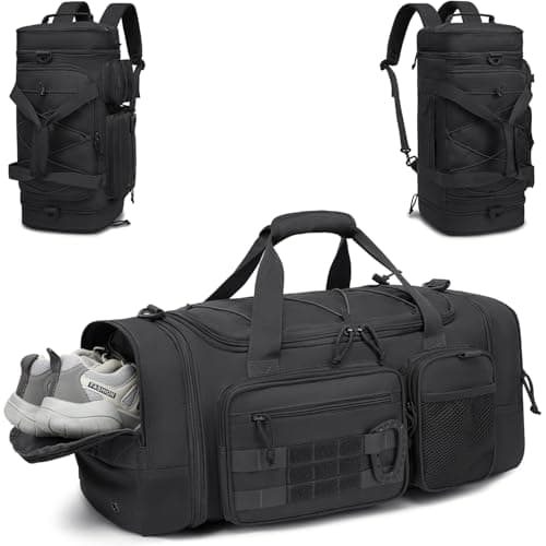 Tonruyn Tactical Duffle Bag Backpack for Men 40-45L Expandable Military Travel Duffel & Sports Holdall Gym Bag with Shoe Compartment Wet Pocket Medium Weekender Overnight for Camping Luggage, Black