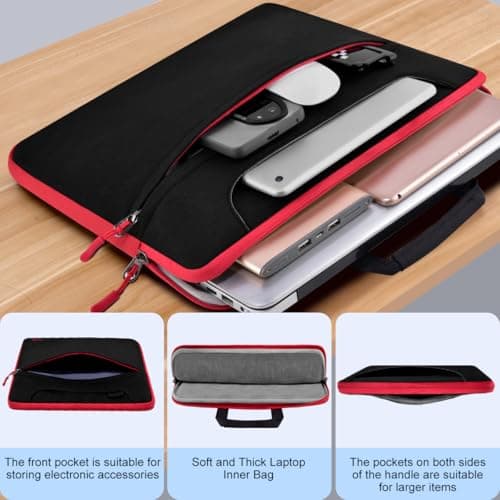 HSEOK Laptop Case 15.6 inch Shoulder Bag, Durable Shockproof Protective Computer Carrying Briefcase with Multi-Pockets and Strap Compatible with Most 15.6 inch Notebooks,Black red — view 4