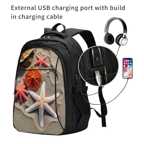 ZHANLEI Starfish and Coral on Beach Printed Backpack,Travel Laptop Backpack for Men Women with USB Charger Port, Starfish and Coral on Beach, One Size — view 2