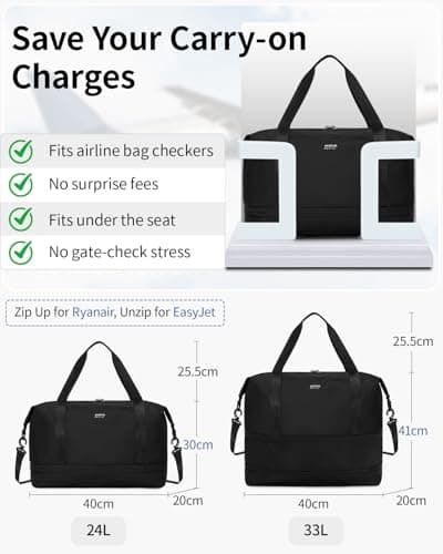 ECOHUB for Ryanair Cabin Bags 40x30x20, Expandable Underseat Hand Luggage Bag, Foldable Carry On Bag with Removable Wet Pocket, Water-Resistant Overnight Hospital Weekend Bag for Women (Black) — view 2