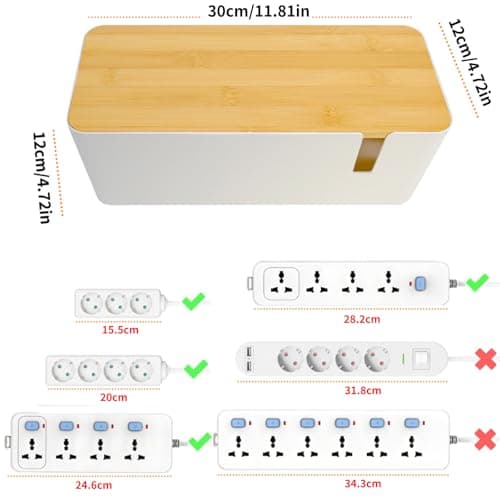 JJQHYC Cable Tidy Box Large Cable Box with Bamboo Lid Cable Management Box White Cable Organiser for Hiding Cables and Plugs — view 5