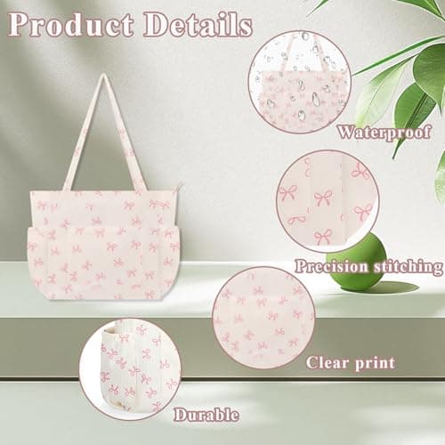 Pink Bow Tote Bags for Women, Large Capacity Beach Bag with 6 Pockets, Polyester Pink Tote Bag for Work and Commute, Lightweight Cute Handbag for Daily Use, Perfect for School, Office and Shopping — view 4