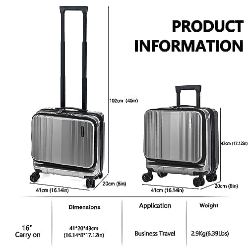 TydeCkare 16" Carry on Luggage with 2 Laptop Compartments, ABS+PC Suitcase with Dual Control TSA Lock, 4 Spinner Wheels, for Business Travel, Silver Grey — view 3