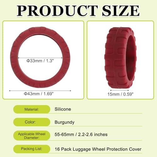 YELARXI 16 Pack Luggage Wheel Protection Cover, Wear Resistant Anti Noise Silicone Protector Cover for 1.8-2.2" Spinner Wheel for Suitcase Chairs Caster Travel, Burgundy — view 2