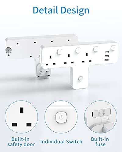 Plug Adapter, Mscien 3 Way Extension Plug with 3 USB, Plug Extension Socket with Independent Switches, Multi Plug Adaptor UK Built-in Surge Protector with 180 Degree Rotation Button — view 6