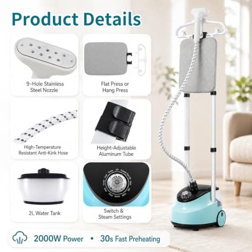 2000W Standing Clothes Steamer, Professional Standing Garment Steamer for Clothes with Ironing Board, 30s Fast Heat, 2L Water Tank & 10 Adjustable Settings, 60min Continuous Steam, for Home & Travel — view 5