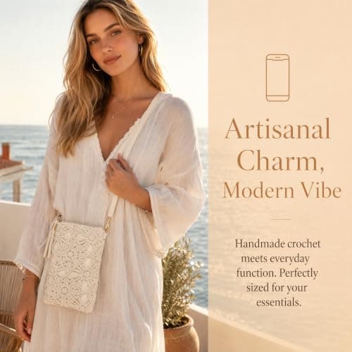Crossbody Bag, Crochet Phone Bag White Leather Small Woven Shoulder Purse Flowers Bohemian Handbag with Adjustable Strap for Wedding Evening Summer Beach Travel Party 14 × 9 × 3cm (Off White) — view 5