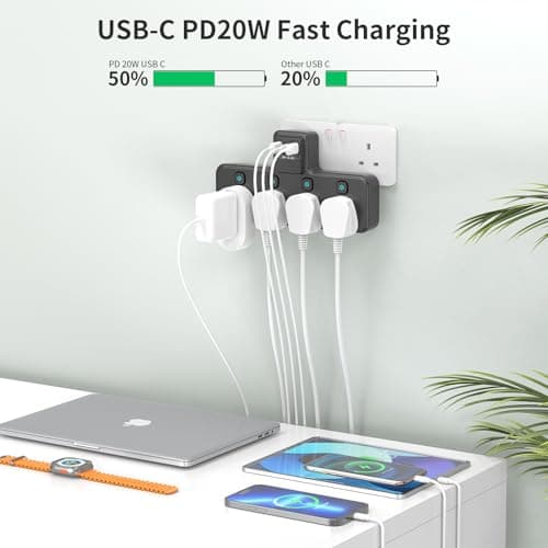 PASSUS Multi Plug Extension Socket 4 Way Plug Adapter with PD20W USB C Slot — view 3