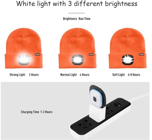 ATNKE LED Lighted Beanie Cap,USB Rechargeable Running Hat Ultra Bright 4 LED Waterproof Light Winter Warm Gifts for Men and Women/Bright Orange — view 6