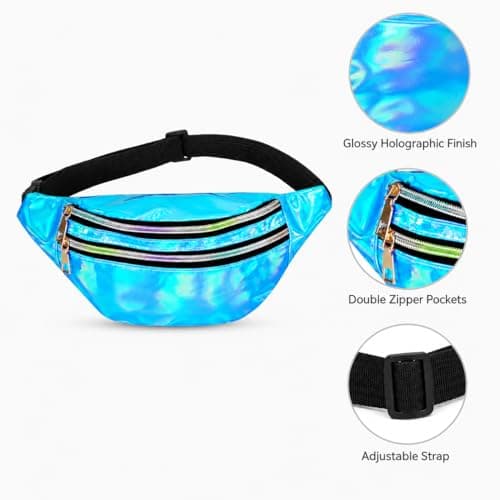 Fashion Metallic Bum Bag,Holographic Waist BagFanny Double Zipper Belt Bag Festival Rave Bumbags Waterproof Hip Pouch for Women Ladies Girls Travel Party Festival Sports Outdoor (Blue) — view 2
