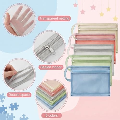 Goaste 10 Pack Mesh Zipper Pouch Bags, Double-Layer Nylon Mesh Bags with Handle, Portable Puzzle Building Block Sets Toy Storage Bags, Colored A4 Document Storage Organizer for School Office Games — view 3