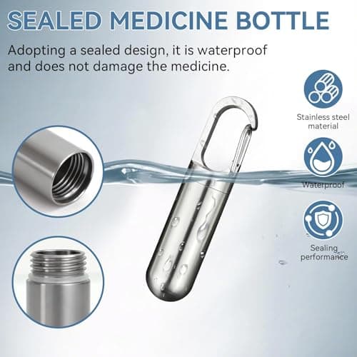 Medicine Organizer Holder, Stainless Steel Medicine Container Sealing Waterproof Portable Mini Capsule Bottle Holder Keychain Weekly Pill Box for Outdoor Travel Home (Mini) — view 4