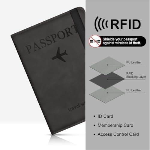 AOOSU Passport Holder Cover, PU Leather Passport Cover with RFID Blocking Travel Wallet, Portable Universal Travel Wallet Case Organiser for Money, Boarding Passes, Credit Cards Black — view 5