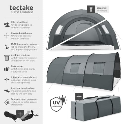 tectake® 6 Person Festival Tent - Water-Repellent Large Family Tunnel Tent with UV 50+ Protection, Mosquito Net - Lightweight Poles & Easy Assembly - Includes Awning & Carry Bag — view 2