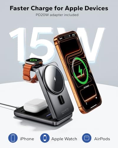 KPON 3 in 1 Wireless Charging Station for Apple, Foldable Magnetic Fast Charger Stand for iPhone Air/17/16/15/14/13/12, AirPods Pro 3 2 Apple Watch (20W Adapter Included) Dark gray — view 4