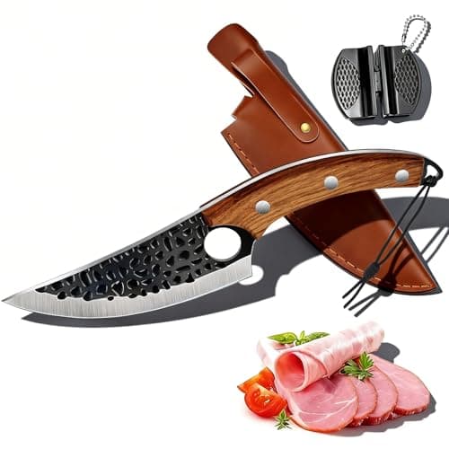 OOKUU Hand-Forged Chef Knife Set with Leather Sheath & Sharpener - Razor Sharp Stainless Steel Blade, Ergonomic Handle - Professional Kitchen & Outdoor Camping Knife