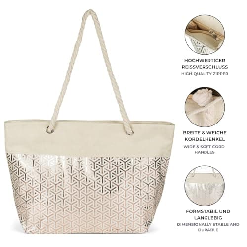 styleBREAKER Womens Beach Bag with Metallic Cube Print,Beige- Rose Gold — view 4