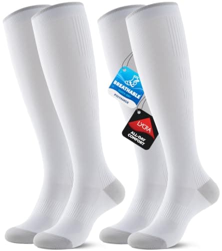 RUIXUE Compression Socks for Women and Men, 20-30 mmHg Cooling Flight Socks, 2 Pairs Graduated Socks for Travel, Sport, Nurse, Long Sitting(Swelling & Aches Relief), White, S-M