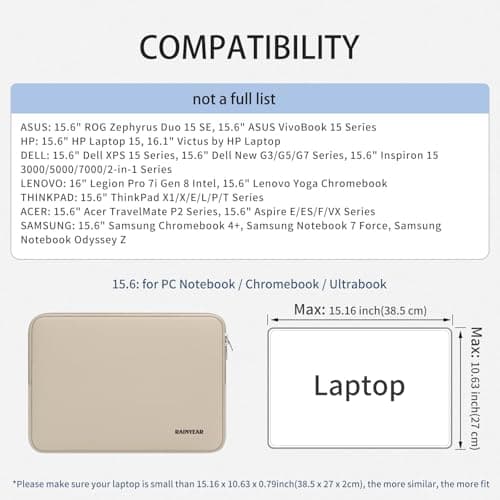RAINYEAR 15.6 Inch Laptop Sleeve Carrying Bag, Khaki — view 5