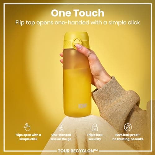 ION8 Sports Water Bottle, 750 ml/24 oz, Leak Proof, Easy to Open, Secure Lock, Dishwasher Safe, BPA Free, Flip Cover, Carry Handle, Soft Touch Contoured Grip, Easy Clean, Odour Free, Yellow — view 3