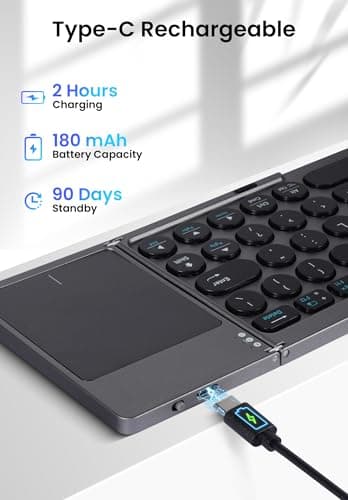 SOPPY Foldable Wireless Keyboards with Touchpad and Stand, Rechargeable Portable Tri-Folding Keyboard, Mini Bluetooth Travel Keyboard for Mac, iOS, Android, Windows, Tablet, Laptop, Smartphone, Grey — view 5