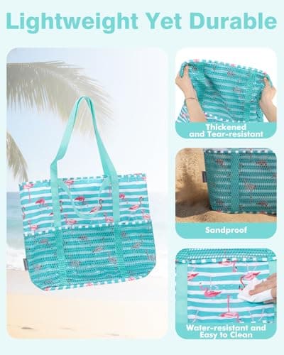 Beach Bag with Zip and Pockets Small Beach Tote Bags Women, Green Flamingo — view 6