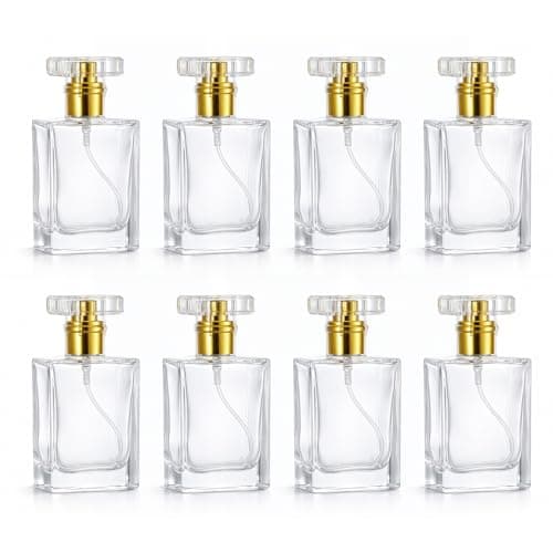 SUNNYNEST 8 Pack 50ml Refillable Perfume Spray Bottles, Clear Glass Atomiser Bottles with Gold Fine Mist Pump, Portable Empty Travel Perfume Bottles for Essential Oils, Cologne, Aftershave