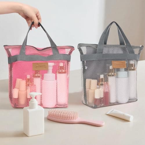 Minicoco Shower Caddy Bag with Hanging Hook Large Mesh Toiletry Organiser, Quick Dry Portable Tote for Gym, Swimming Pool & Travel Foldable, Waterproof Base (Grey) — view 3
