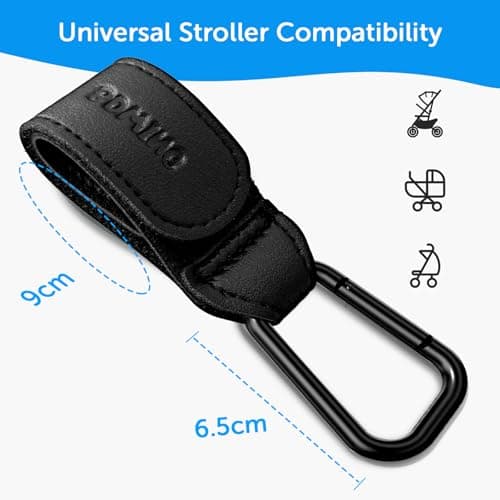 Bdwing 2pcs Buggy Clips for Changing Bag Handbag, Non-Slip PU Leather Pram Hook for Buggy Pram Rocker Stroller Pushchair Rollator Mobility Scooter Universal Accessories Baby Travel Essentials (Black） — view 2
