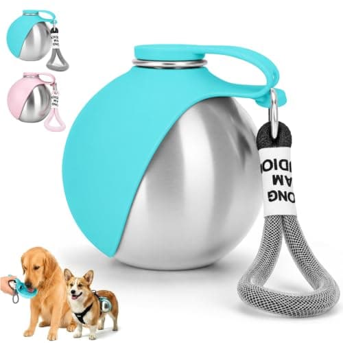 Foldable 2 in 1 Portable Dog Water Bottle, 285ml/10oz Stainless Steel Dog Travel Water Bottle, Leak-Resistant Travel Pet Water Dispenser with Foldable Silicone Bowl for Walking, Camping(blue)