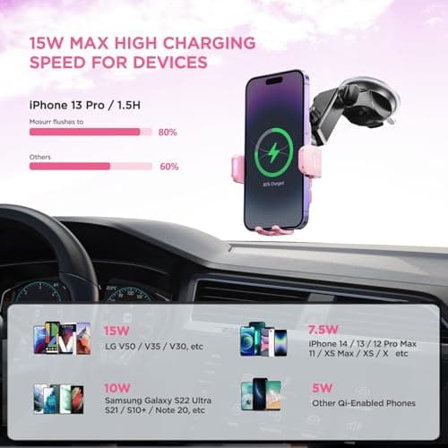Car Phone Holder Wireless Charger,【7 Colored RGB Backlit】MOSURR 15W Auto Clamping Wireless Car Charger Mount for iPhone 16 15 14 Mini Pro Max, Samsung Galaxy S26 Ultra S25 S24+, etc - Pink — view 3
