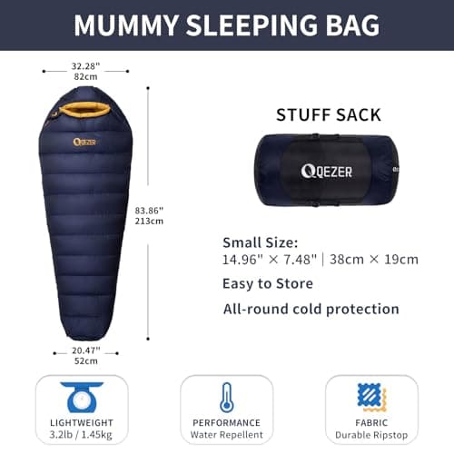 QEZER Down Sleeping Bag, XL Lightweight Sleeping Bag [1000g] for Adults and Teens Camping, Hiking,Backpacking Outdoor with 620FP Duck Down 4 Season (Darkblue, 1000g down) — view 2