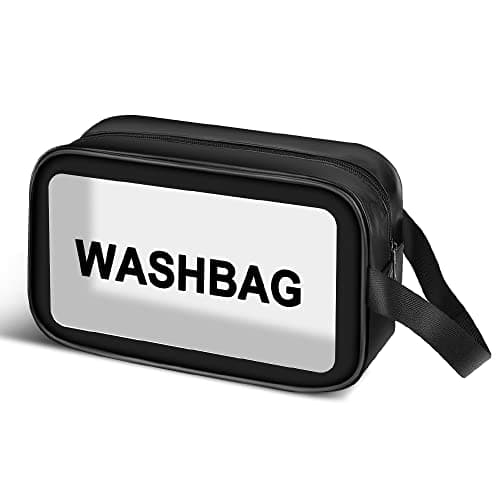 Clear Toiletry Bag, Waterproof PVC Clear Makeup Bags, Portable Travel Toiletry Bag Cosmetic Bag for Women & Men Traveling Accessories Organizer Wash Bag with Zipper Handle (Black)