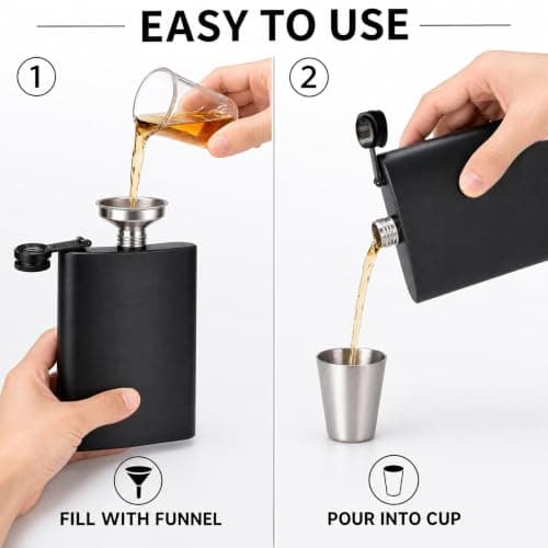 TQIOQIY Stainless Steel Hip Flask 8oz Black - Metal Flask for Whiskey Liquor, Small Pocket Flask with Funnel & Cup, Mini Flask for Men Women Travel Camping Gifts (2 Pack) — view 4