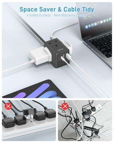 Extension Lead with USB C Slots, FDTEK Mini Plug Extension Cube with 3 way Outlets and 4 USB Ports, Travel Extension Socket with 1.5M Cord, UK Mountable Power Strip for Home Office Cruise-Black — view 5