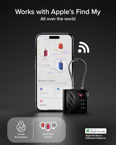 SBS Track My Lock, TSA Lock with Integrated Finder Tracker, Compatible with Apple Find My (iOS), 3-Digit Combination Lock, 60 dB Alarm, USB-C Rechargeable, Ideal for Suitcases and Bags, Black — view 2