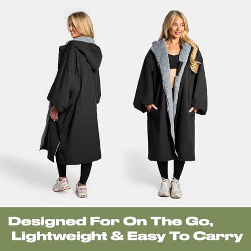 OHS Changing Rain Coat for Adults, Lightweight Breathable Waterproof Jacket for Swimming Surfing Packable Windbreaker Drying Robe with Pockets Active Outdoor Travel Jacket - Black — view 3