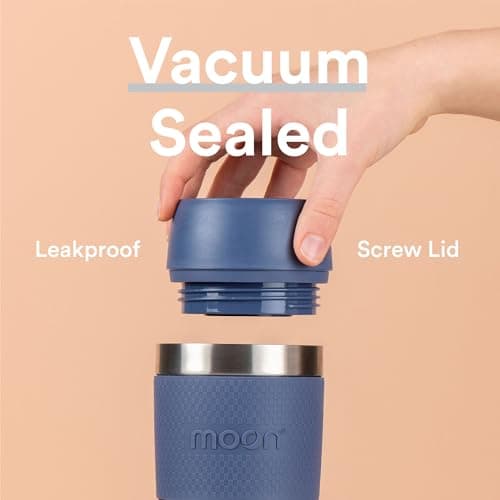 Moon 360° Travel Mugs - Leakproof Reusable Coffee Cup for Hot Drinks - Insulated Stainless Steel Thermal Mug, Fits Car Cup Holders (450ml, Recycled Metal/Blue) — view 4