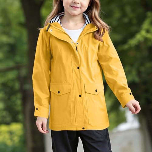 Boys Girls Rain Jacket Waterproof Windbreaker Lightweight Rain Jackets with Pockets Packable Raincoats for Kids with Hood Solid Full Zip Button Down Rain-Coats Preppy Clothes (Yellow, 3-4 Years) — view 2